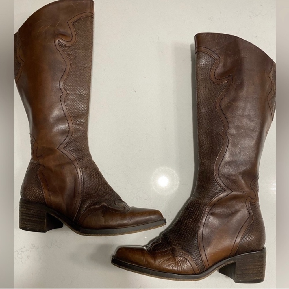 SOLD: Brown Tooled Tall Leather Boots